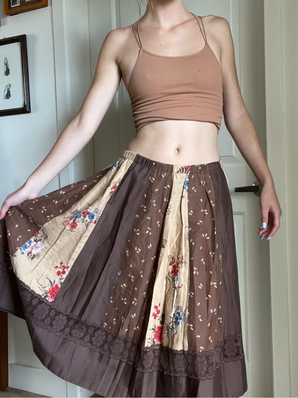 Low rise Vintage Brown Floral Panel Midi maxi skirt patchwork